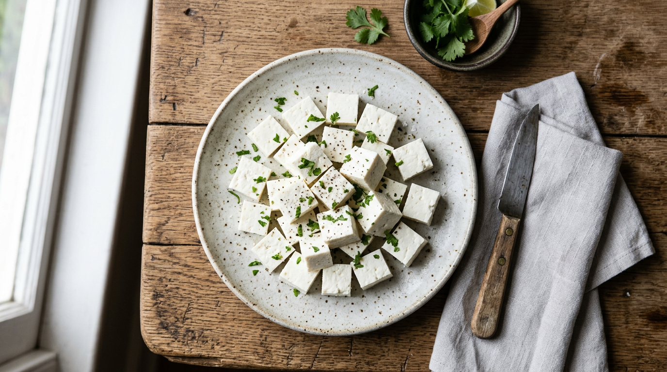 A fresh block of paneer cut into cubes on a plate, roughly 18 grams of protein per 100g as-eaten