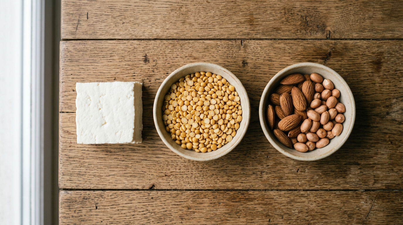 A cube of paneer beside a bowl of dry dal and a bowl of raw almonds and peanuts, the foods that technically outrank paneer on protein per 100g