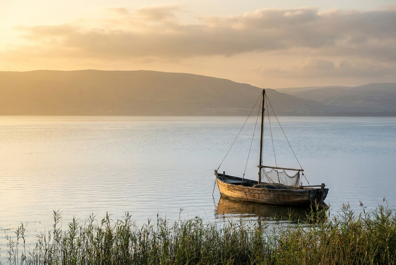 A wooden boat on the Sea of Galilee at dawn