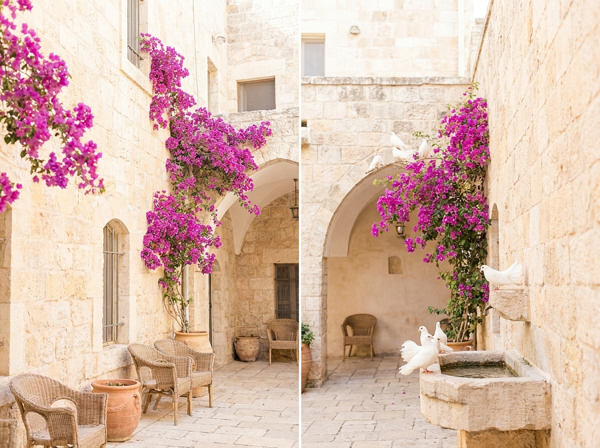 Sunlit Jerusalem stone courtyard with doves