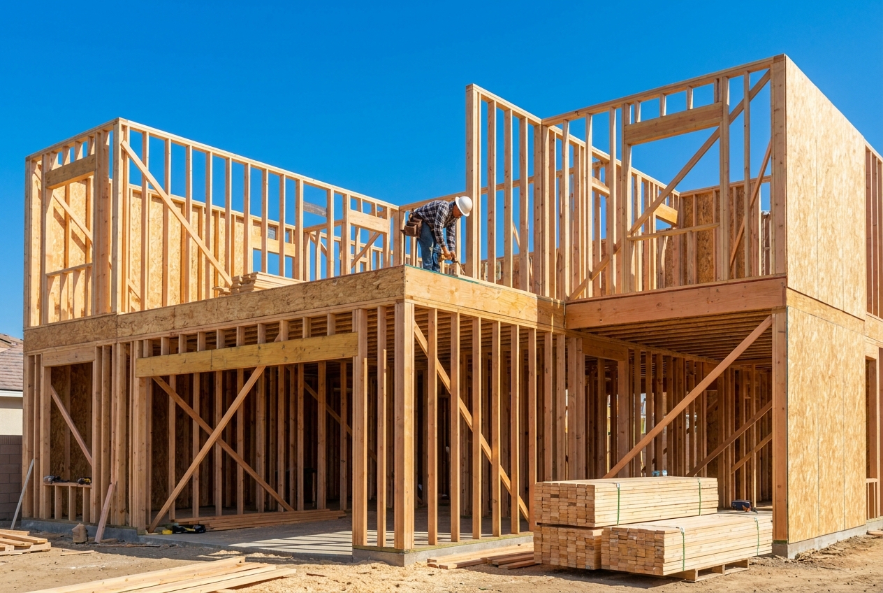Wood-framed house under construction