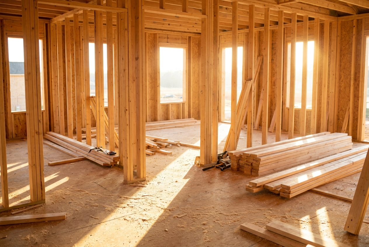 Interior wood stud framing of a home