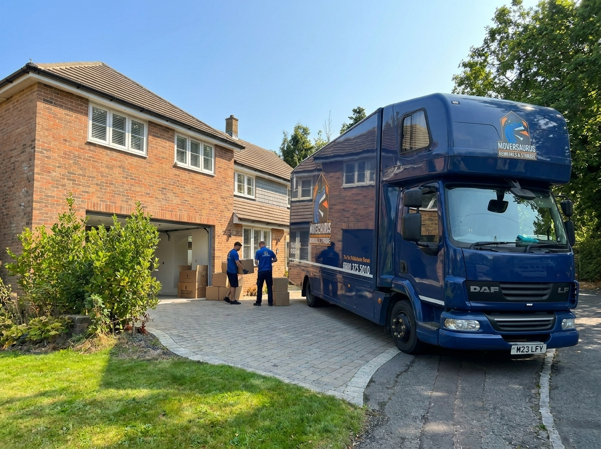 Moversaurus professional removal team loading a van outside an English home in West Sussex