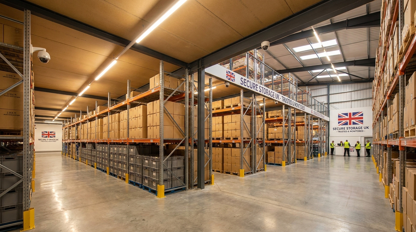 Interior of Moversaurus secure storage warehouse — organised bays with pallet racking and warm overhead lighting