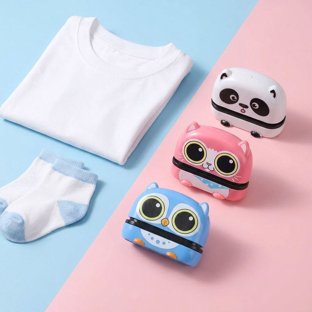 Tiny Tags personalized name stamps with kids' clothing