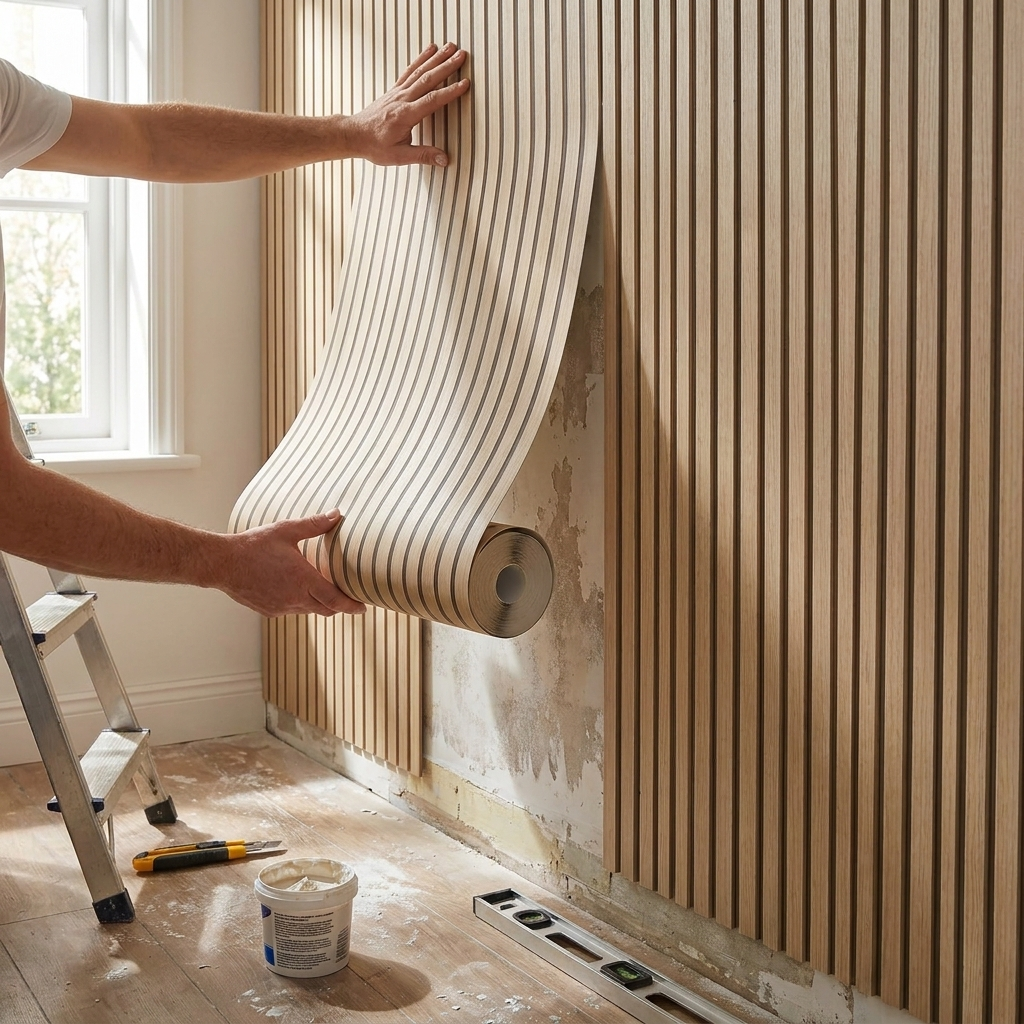 Self-Adhesive Wood-Look 3D PVC Wall Panels Slat Wall Accent Wall 40x300cm Living Room | Sansoti