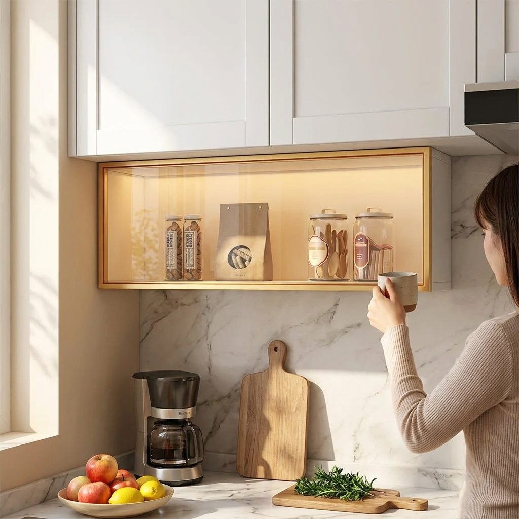 Wall Cabinet Glass Door Wood White Gray 5 Sizes LED Kitchen Living Room Display Cabinet | Sansoti