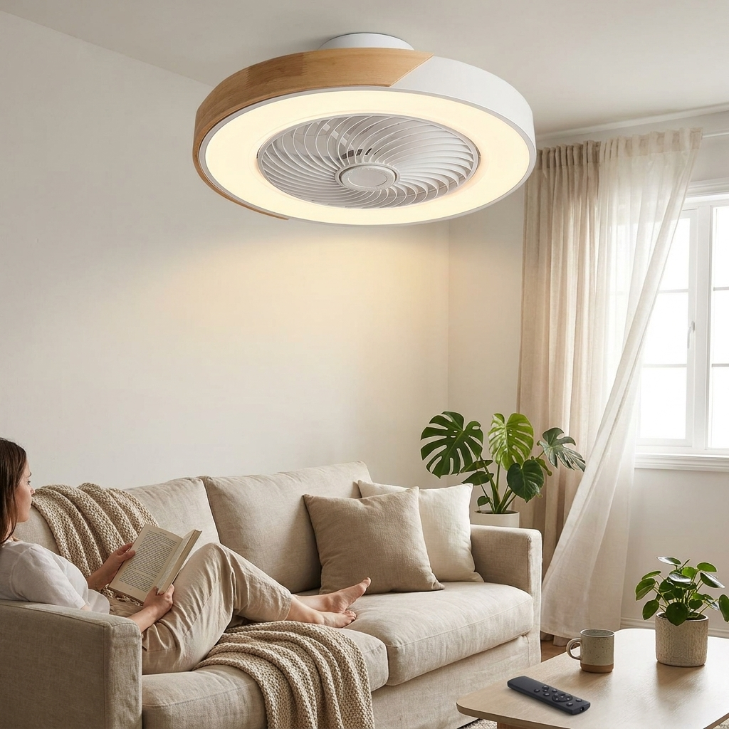 Ceiling fan with Lamp 50cm LED Dimmable Wood Remote Control Bedroom Living Room Kitchen Bladeless Ceiling Lamp Fan lifestyle