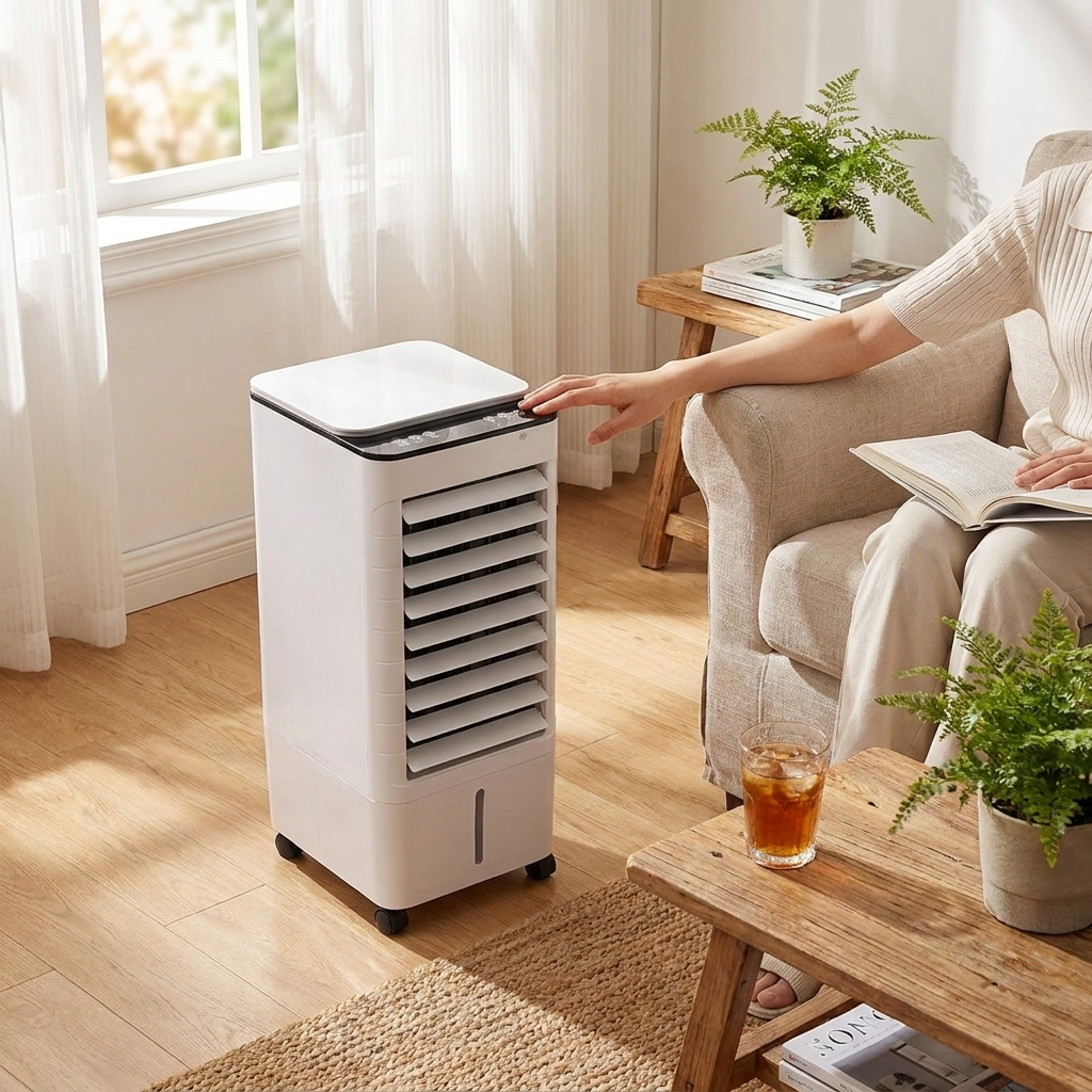Airco Luchtkoeler Draagbaar 3-in-1 Zonder Slang Wit Oscillatie Timer Slaapkamer Woonkamer Kantoor Luchtbevochtiger Luchtzuivering Filter lifestyle