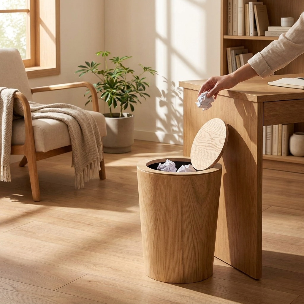 Houten Prullenbak Woonkamer Draaibaar Deksel Dubbelwandig Keuken Badkamer Kantoor Vuilnisbak Houtlook Afvalbak Bureau | Sansoti lifestyle