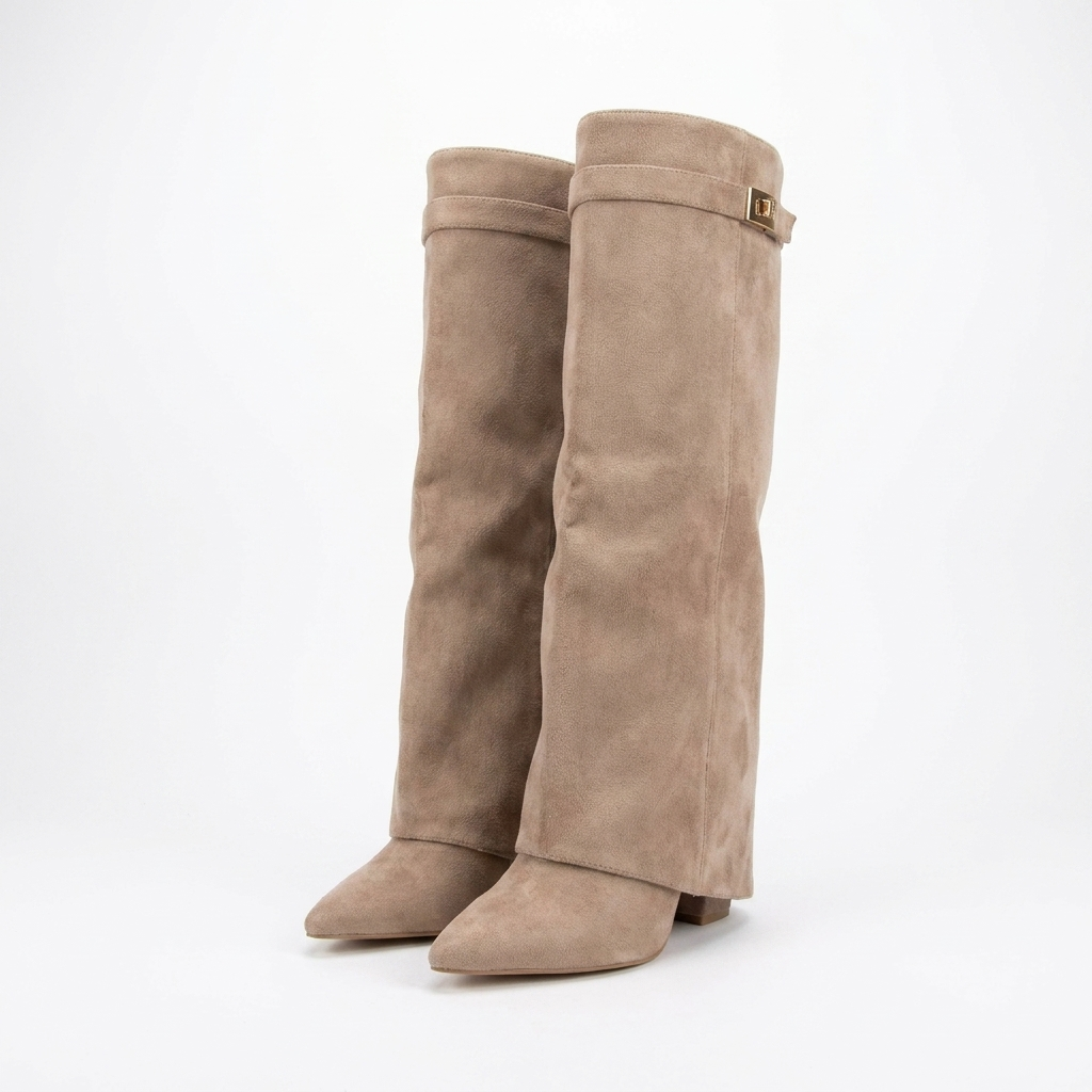 Dames Laarzen met Klapmouw 8,5 cm Blokhak Zacht Gevoerd 42 Zwart Beige Bruin | Sansoti studio