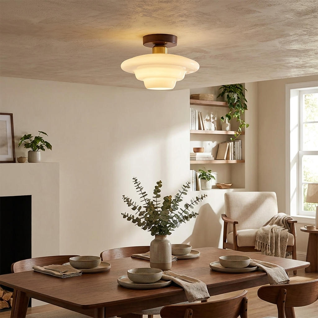 Plafondlamp Walnoot Hout Glas Scandinavisch E27 Hal Gang Keuken Eetkamer Nordic Naturel Koper | Sansoti lifestyle