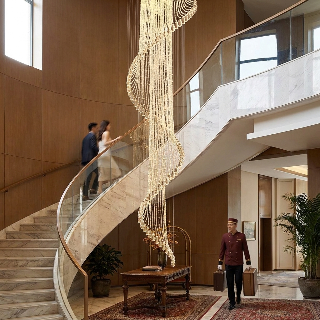 Lustre en cristal spirale moderne chrome GU10 escalier hall d'entrée grand plafond haut lifestyle