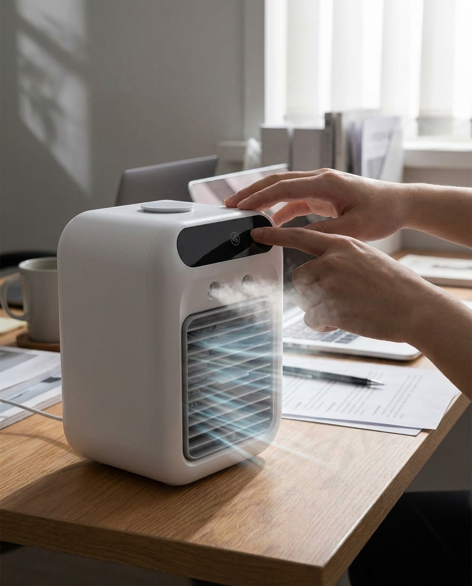 Compacte Mobiele Waterkoeler met USB Ventilator voor Bureau en Kantoor in gebruik