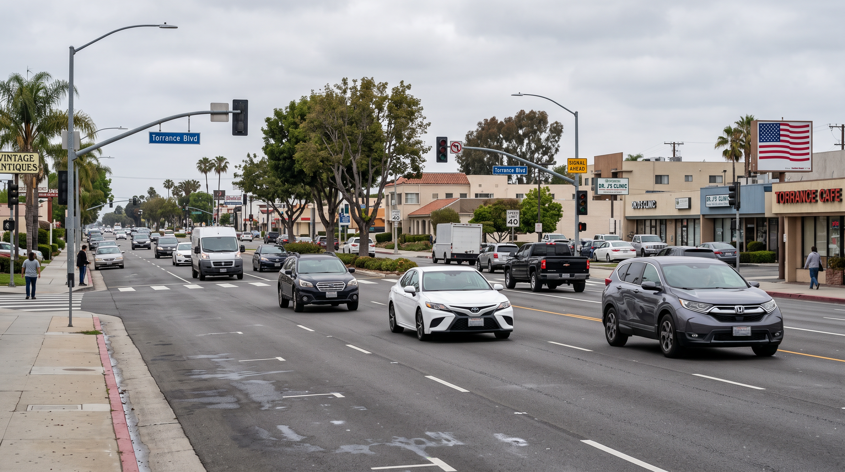 Traffic on a wide Torrance California street for a car accident statistics article