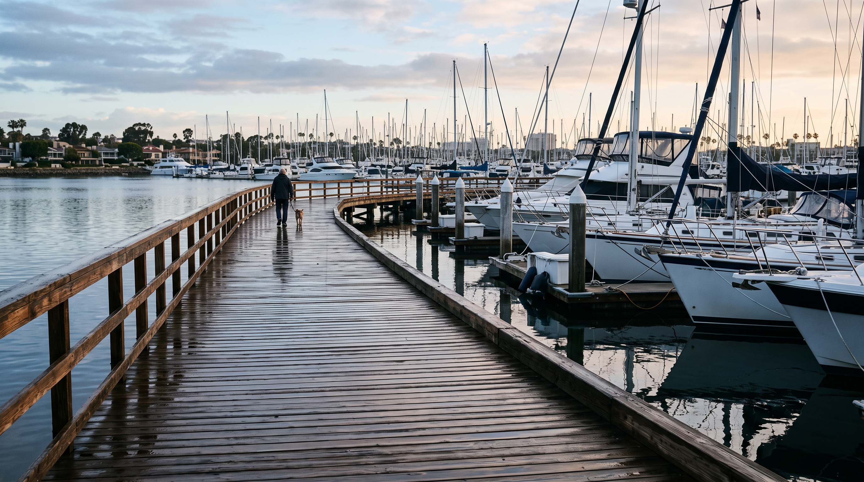 Wet marina boardwalk in Marina del Rey for a slip and fall lawyer article