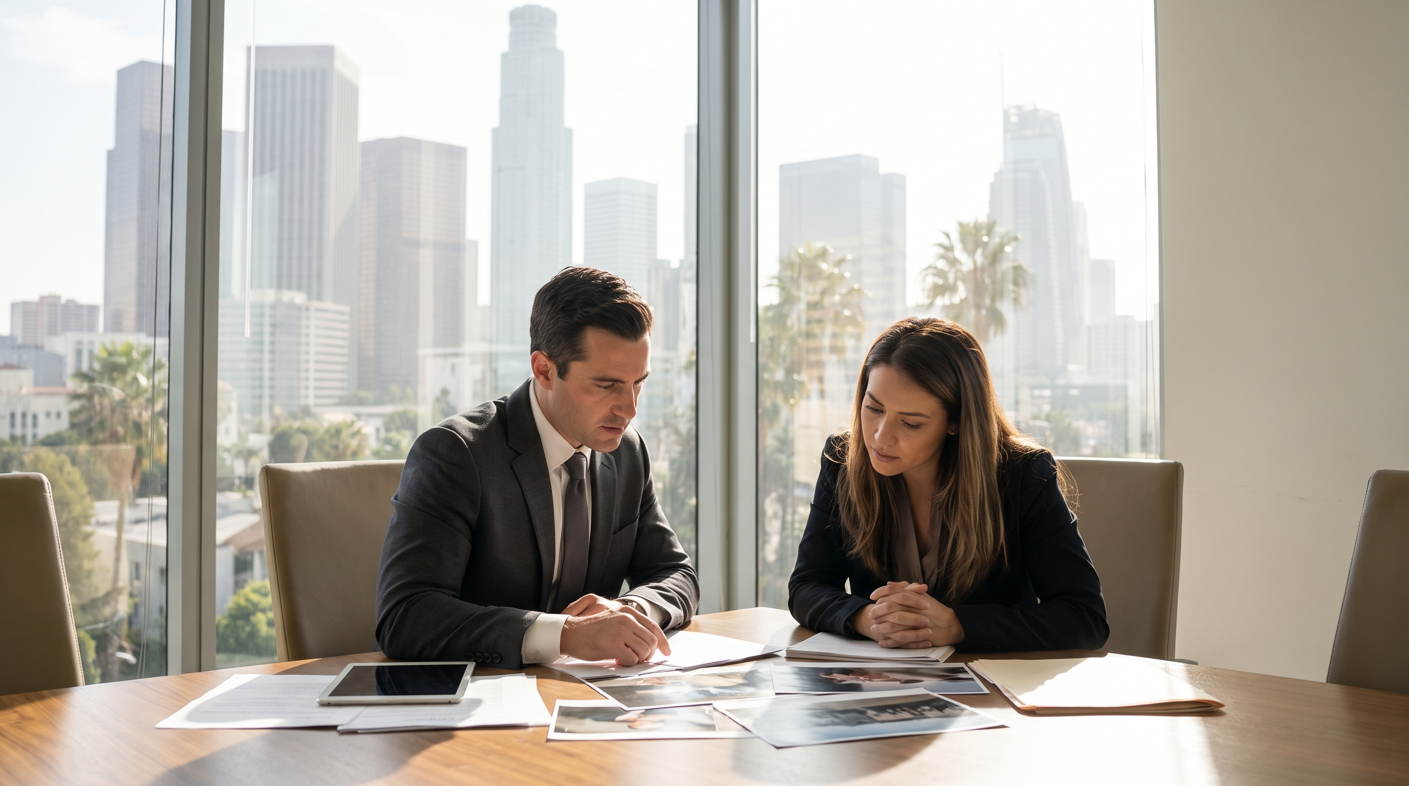 Los Angeles personal injury attorney reviewing accident documents with a client