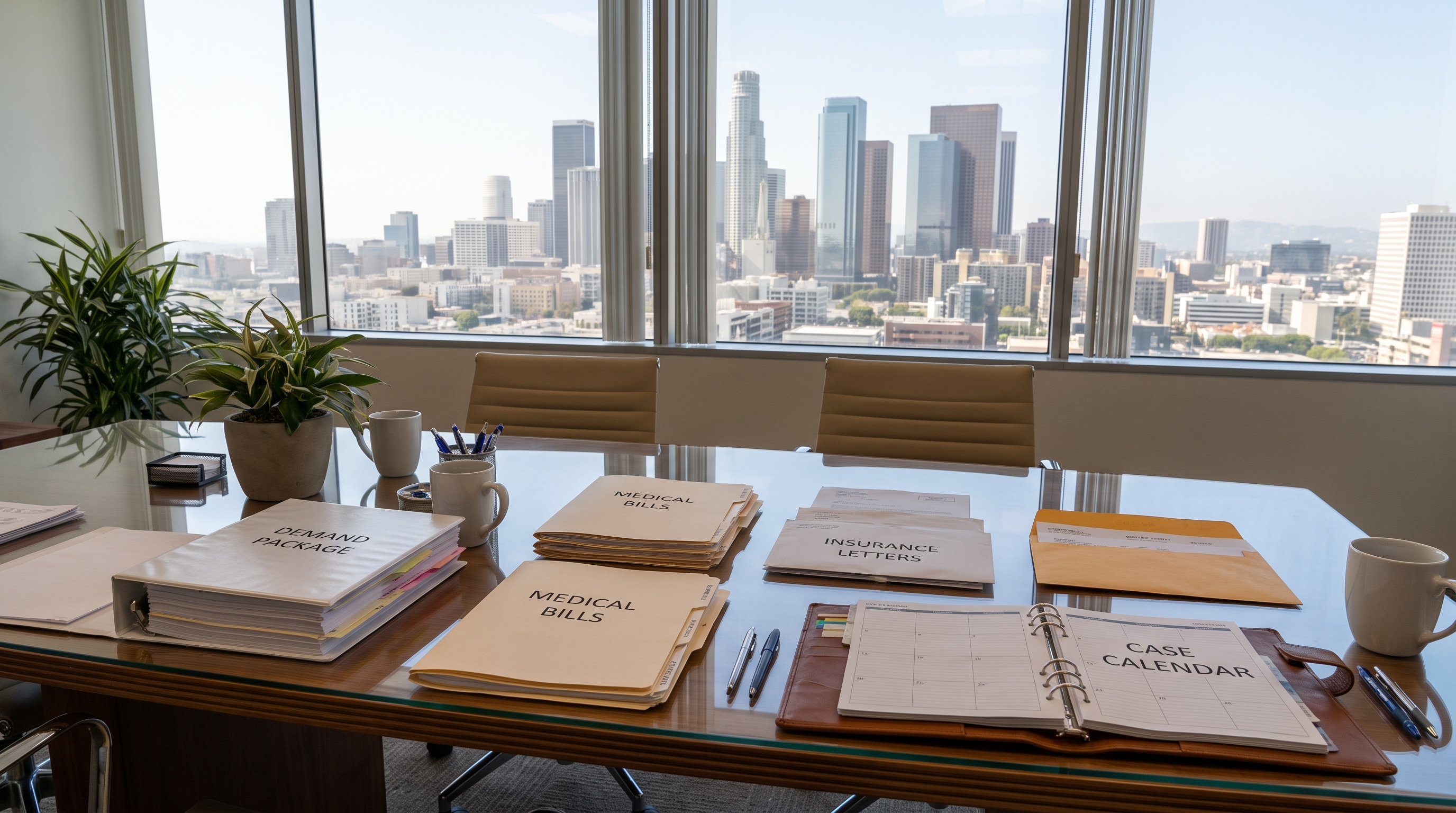 Los Angeles personal injury settlement timeline documents on a law office conference table