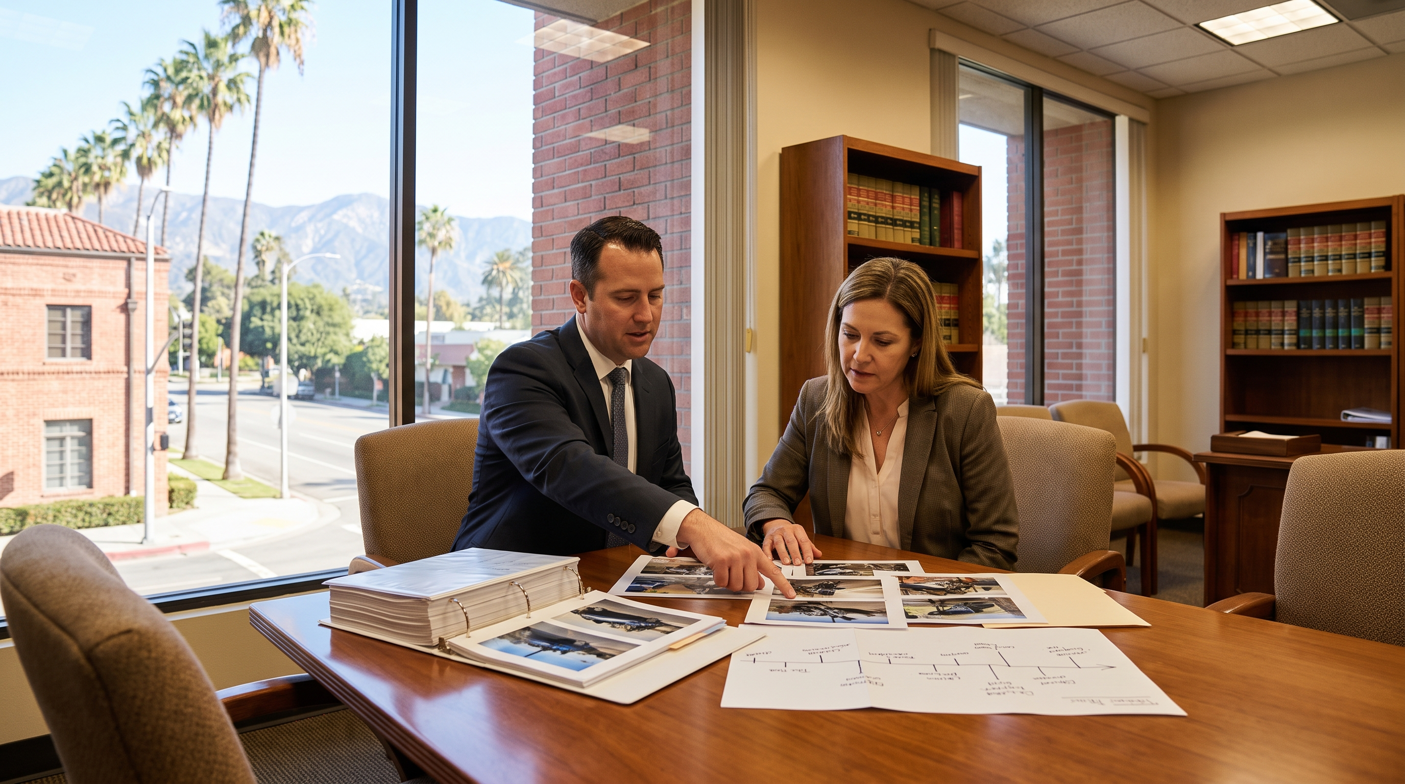 Pasadena personal injury attorney reviewing crash evidence and medical records with a client