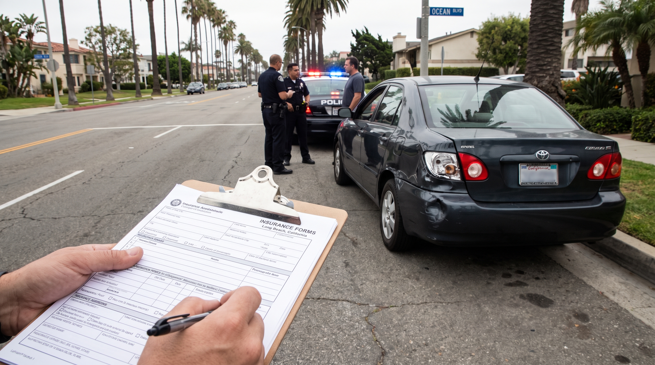 Long Beach car accident scene with insurance documents for a lawsuit timing article