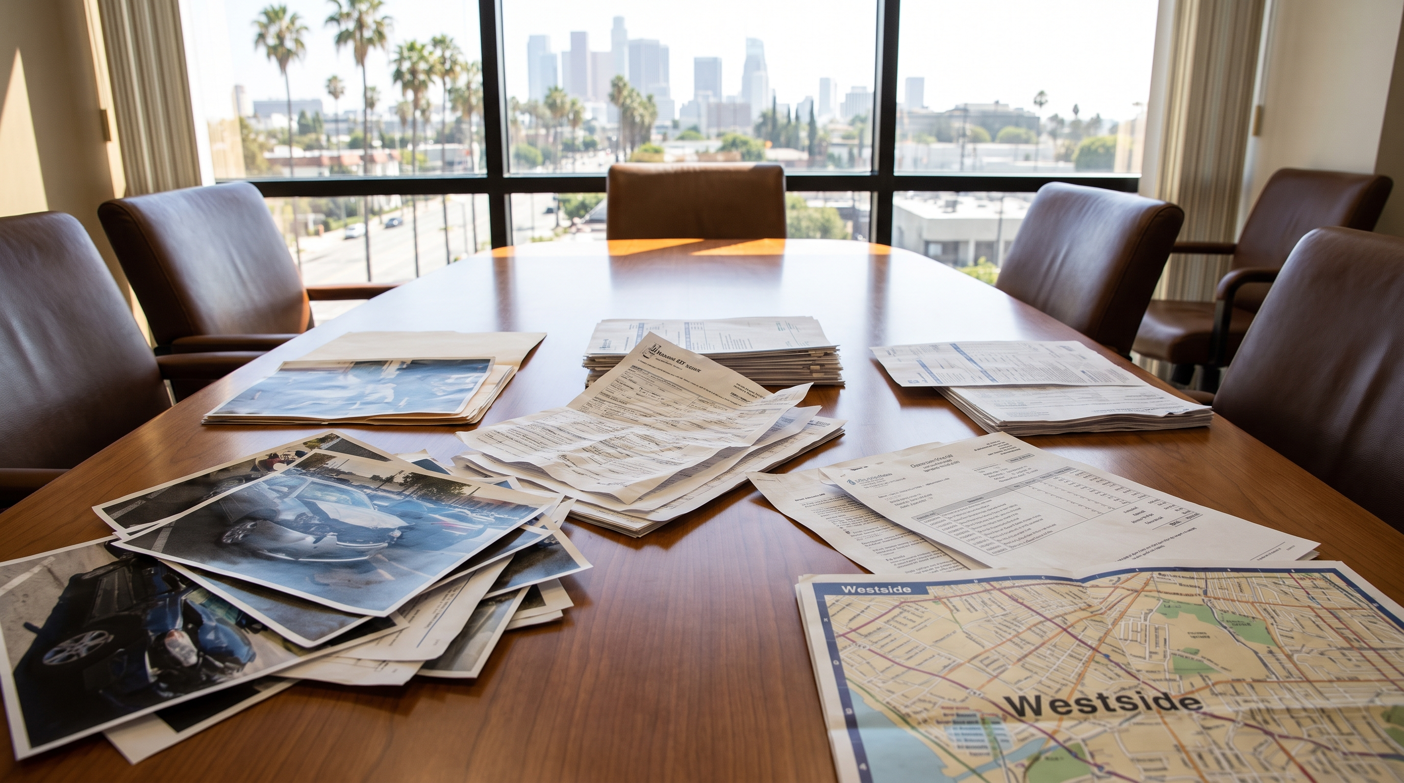 Car accident evidence and insurance documents on a Westside law office table
