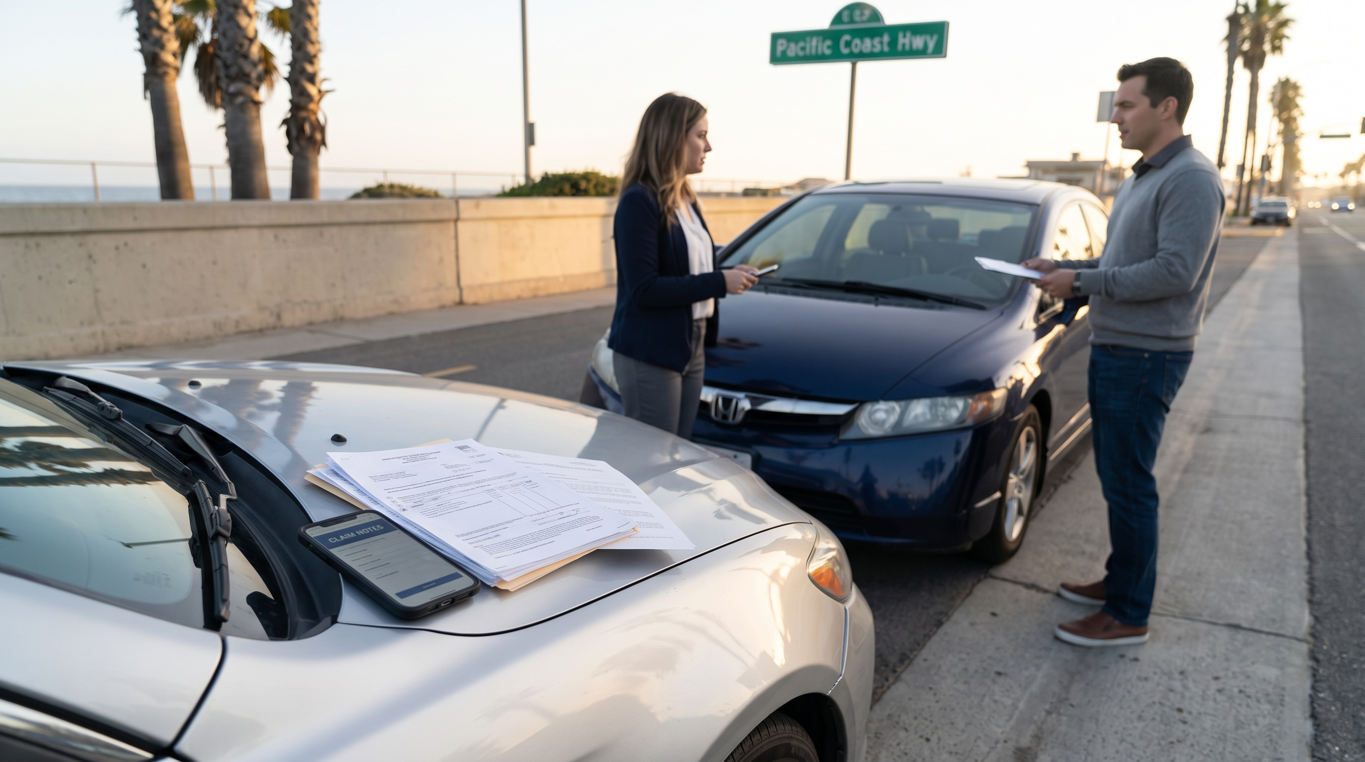 El Segundo car accident scene with insurance papers and claim notes for a lawsuit article