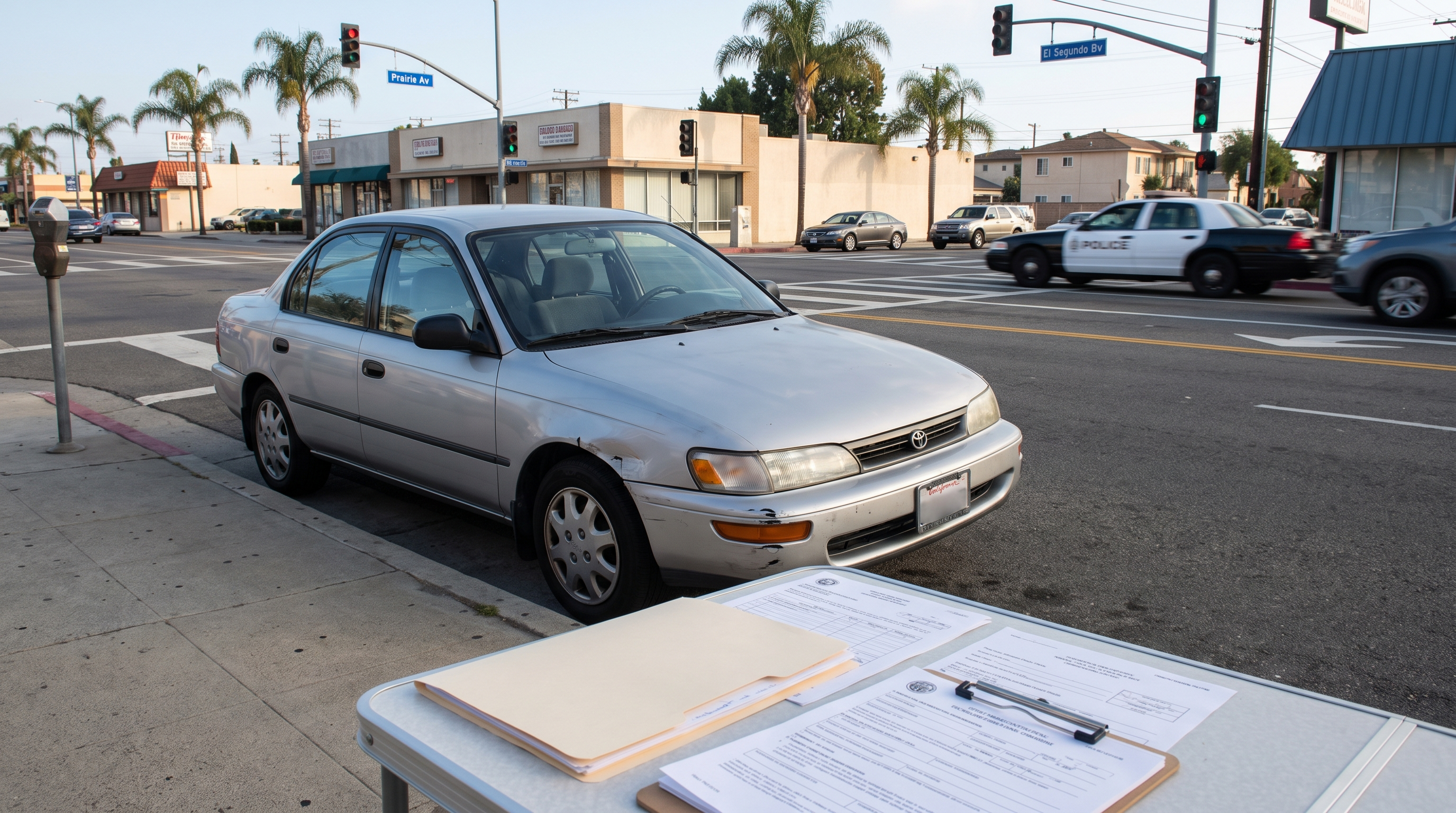 Hawthorne California intersection with traffic, accident paperwork, and a legal folder for a car accident lawsuit guide