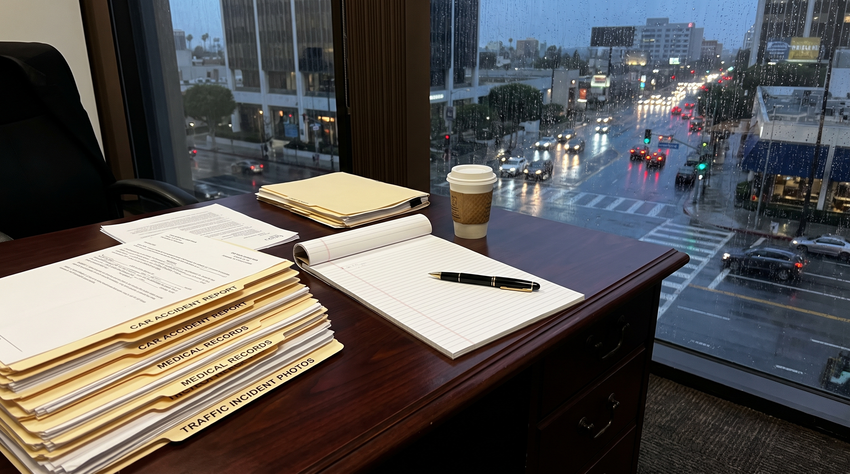 Car accident case documents on a Westside law office desk