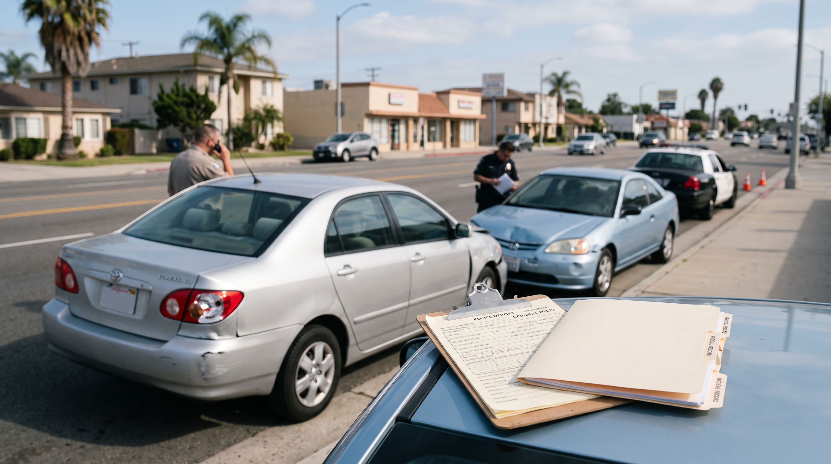 Gardena California street with cars pulled to the curb, medical records, and a legal evidence clipboard after a minor crash