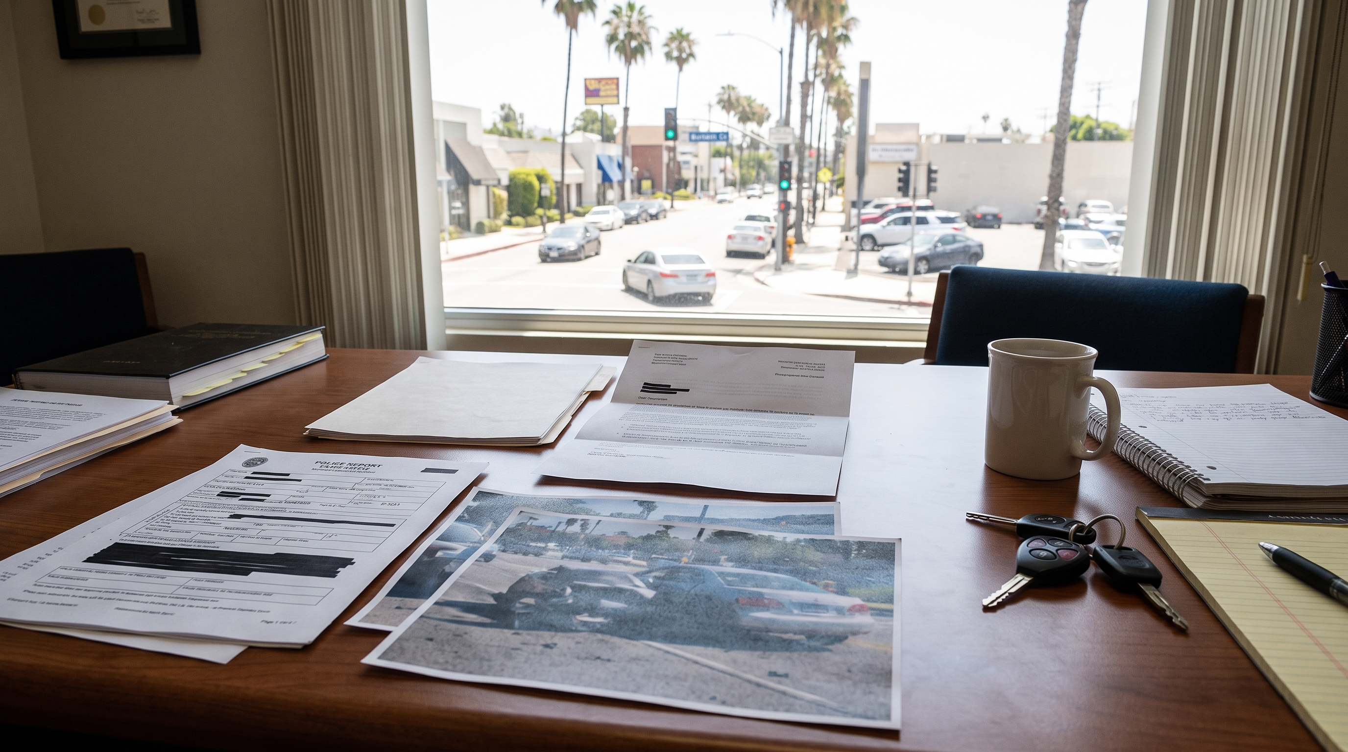 Burbank car accident evidence review with insurance letters and crash photos on an attorney desk