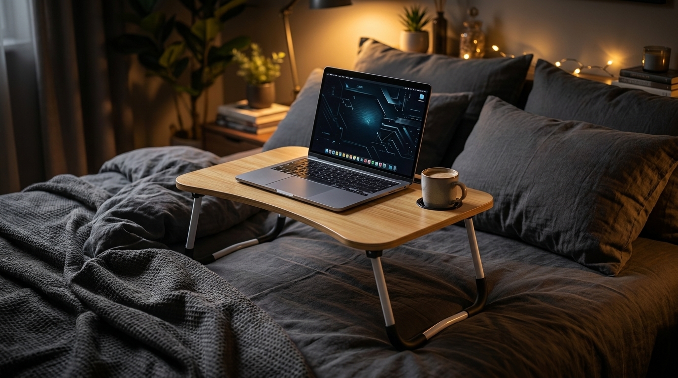 Mesa portátil con laptop en cama oscura