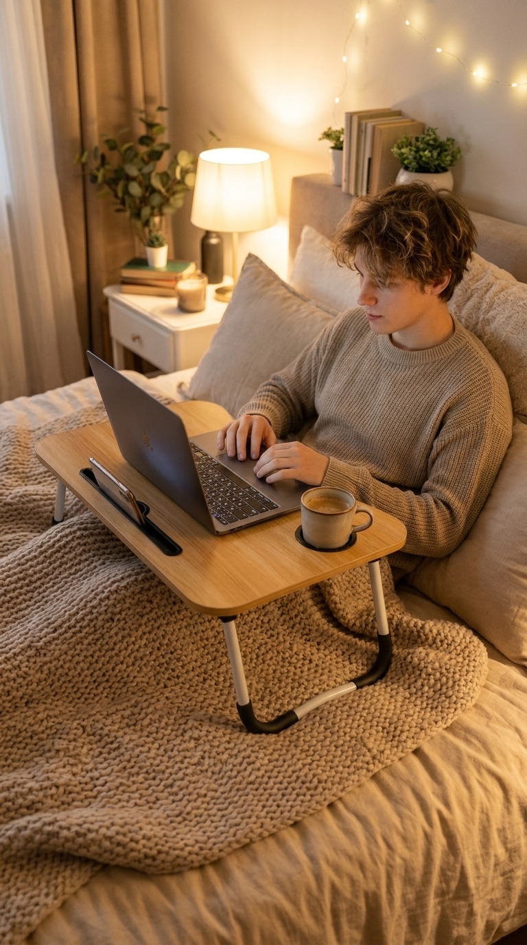 Persona trabajando cómodamente en cama con mesa portátil
