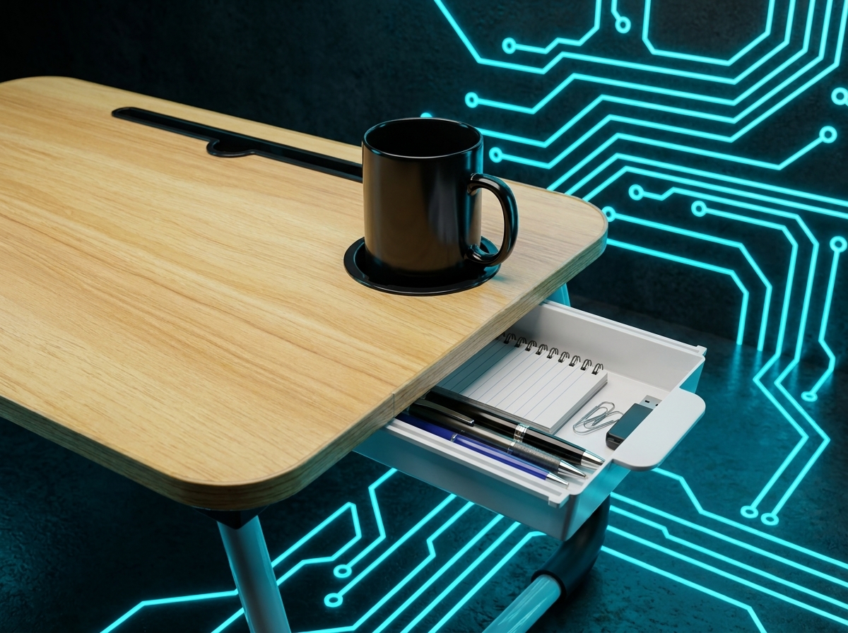 Mesa portátil multifuncional - detalle portavasos y cajón