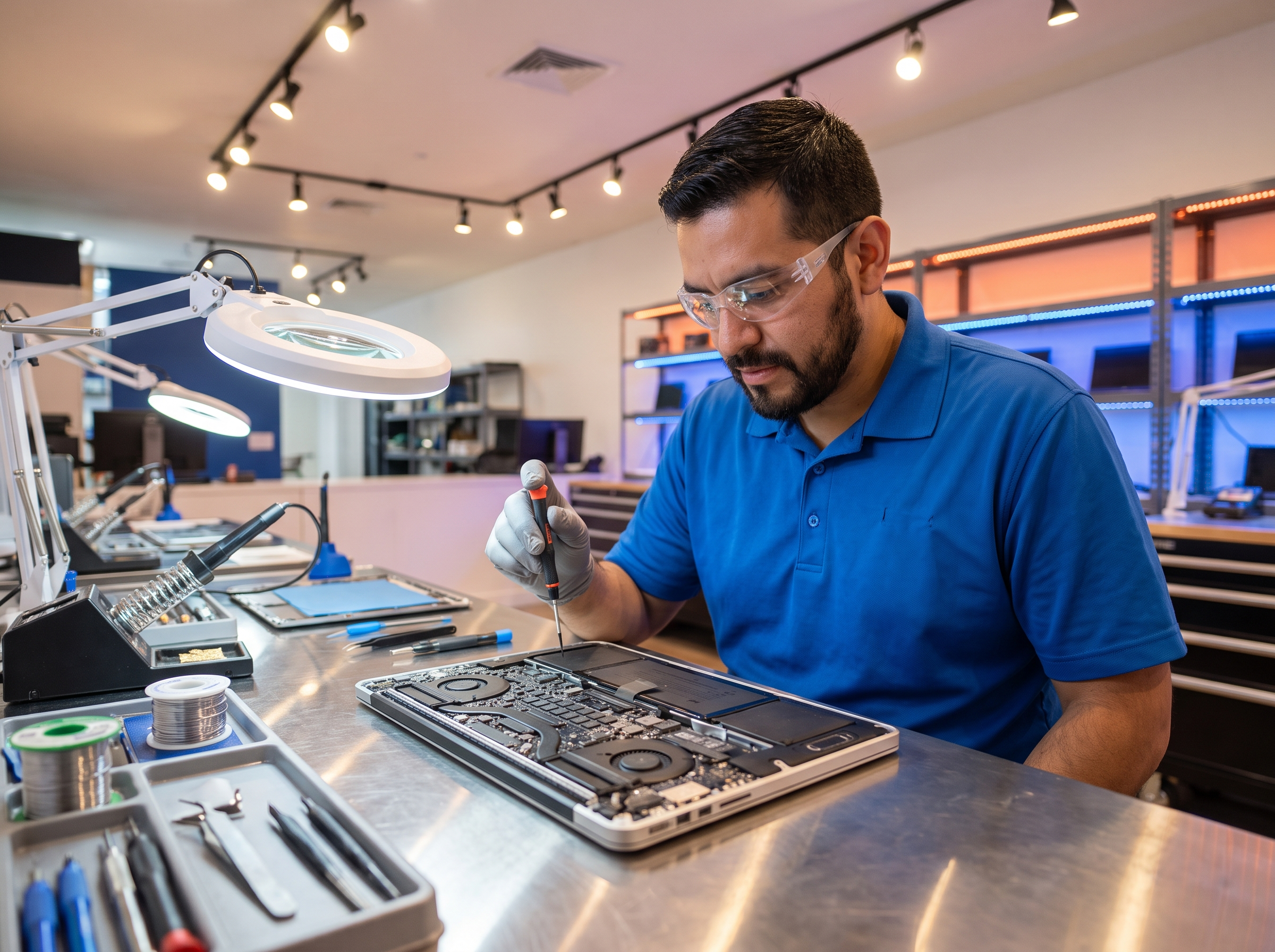 Técnico reparando un computador portátil en TiendaTecNet