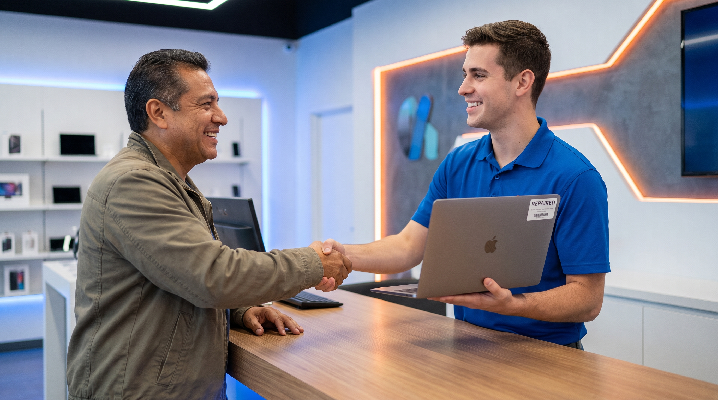 Cliente recibiendo su computador reparado en TiendaTecNet