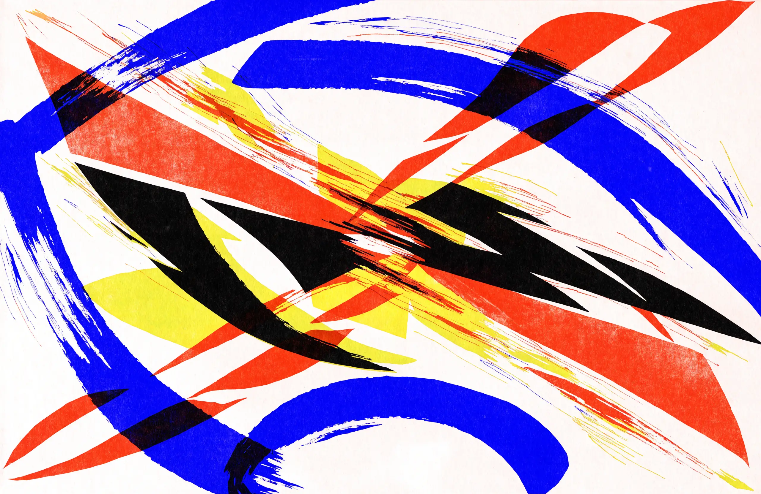 Abstract overprint art plate: gestural cobalt, coral and chartreuse forms on warm paper