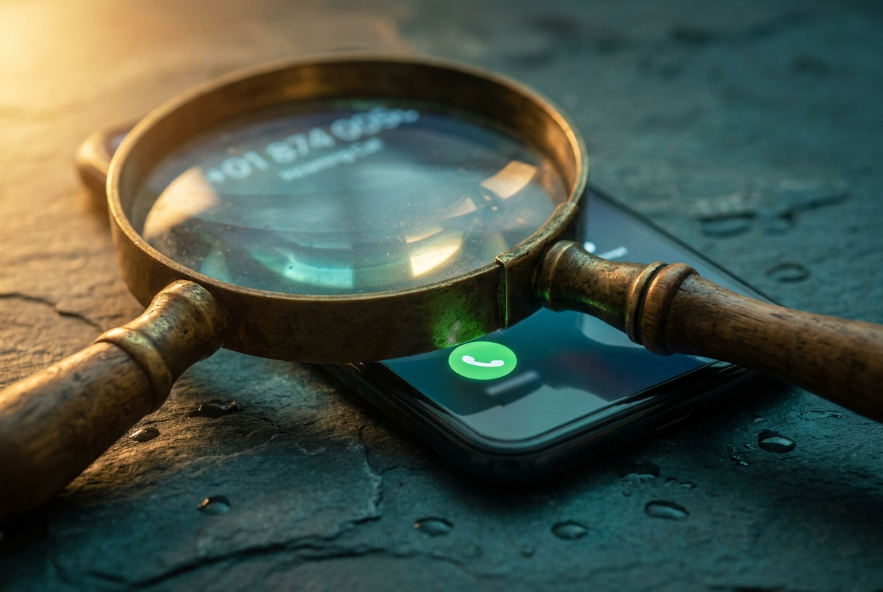 A brass magnifying glass over a phone showing an incoming call