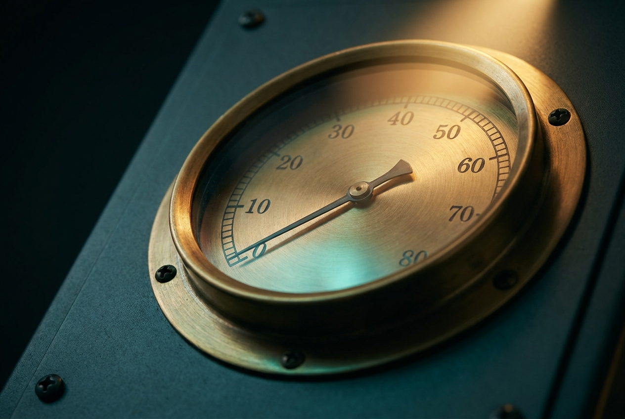 A brass gauge dial reading a score