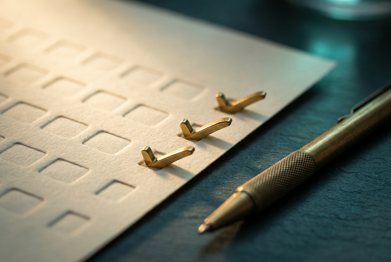 An embossed checklist with brass checkmarks and a pen