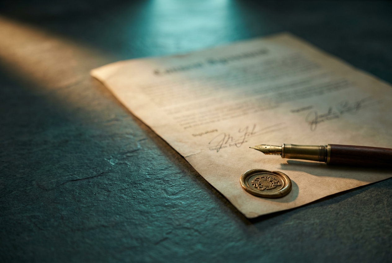 A signed consent agreement with a pen and brass seal