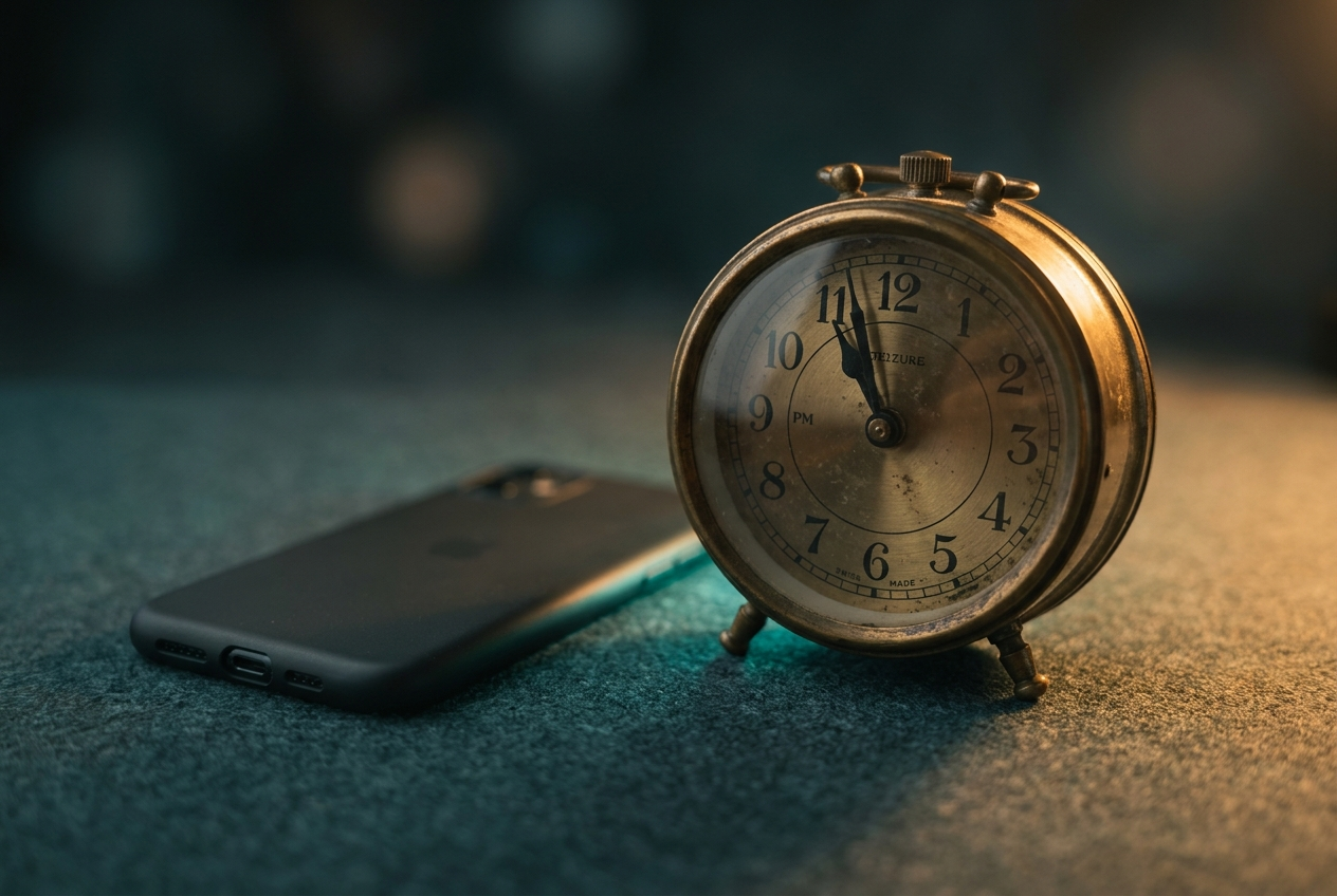 A brass desk clock at night beside a silenced phone