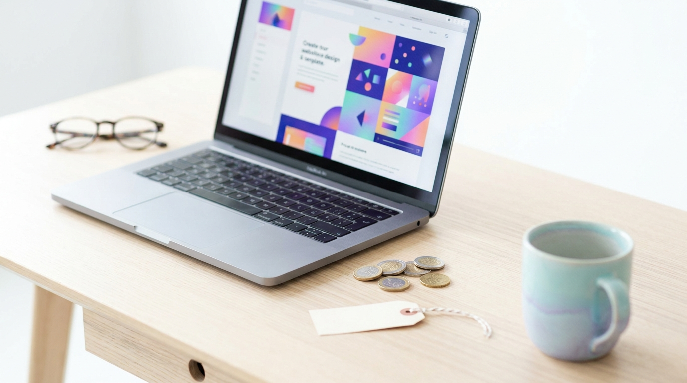 Laptop mit moderner Website, Euro-Münzen und Preisschild – was kostet ein Webdesigner