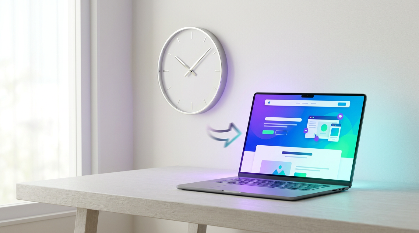 Uhr neben einem Laptop mit fertiger Website – Website über Nacht