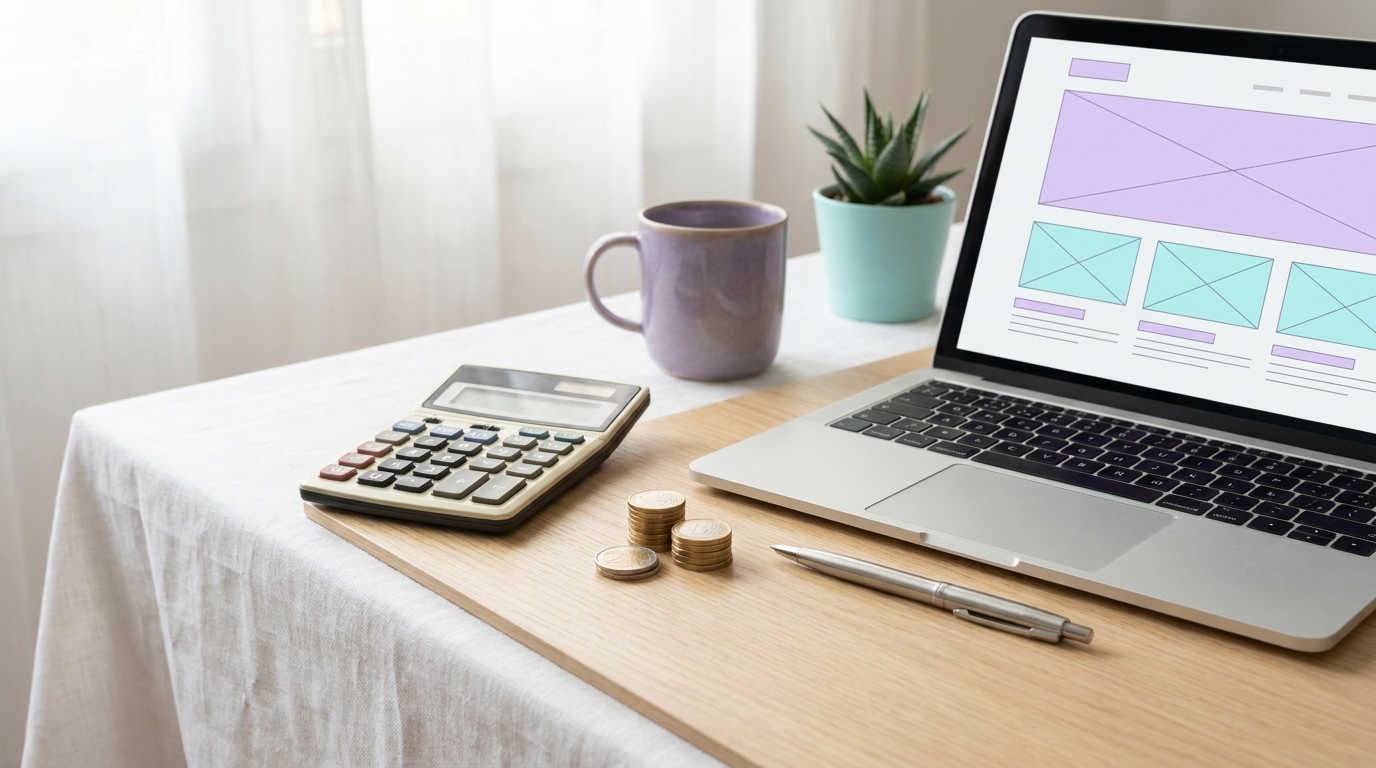 Taschenrechner, Euro-Münzen und Laptop – Website-Budget planen