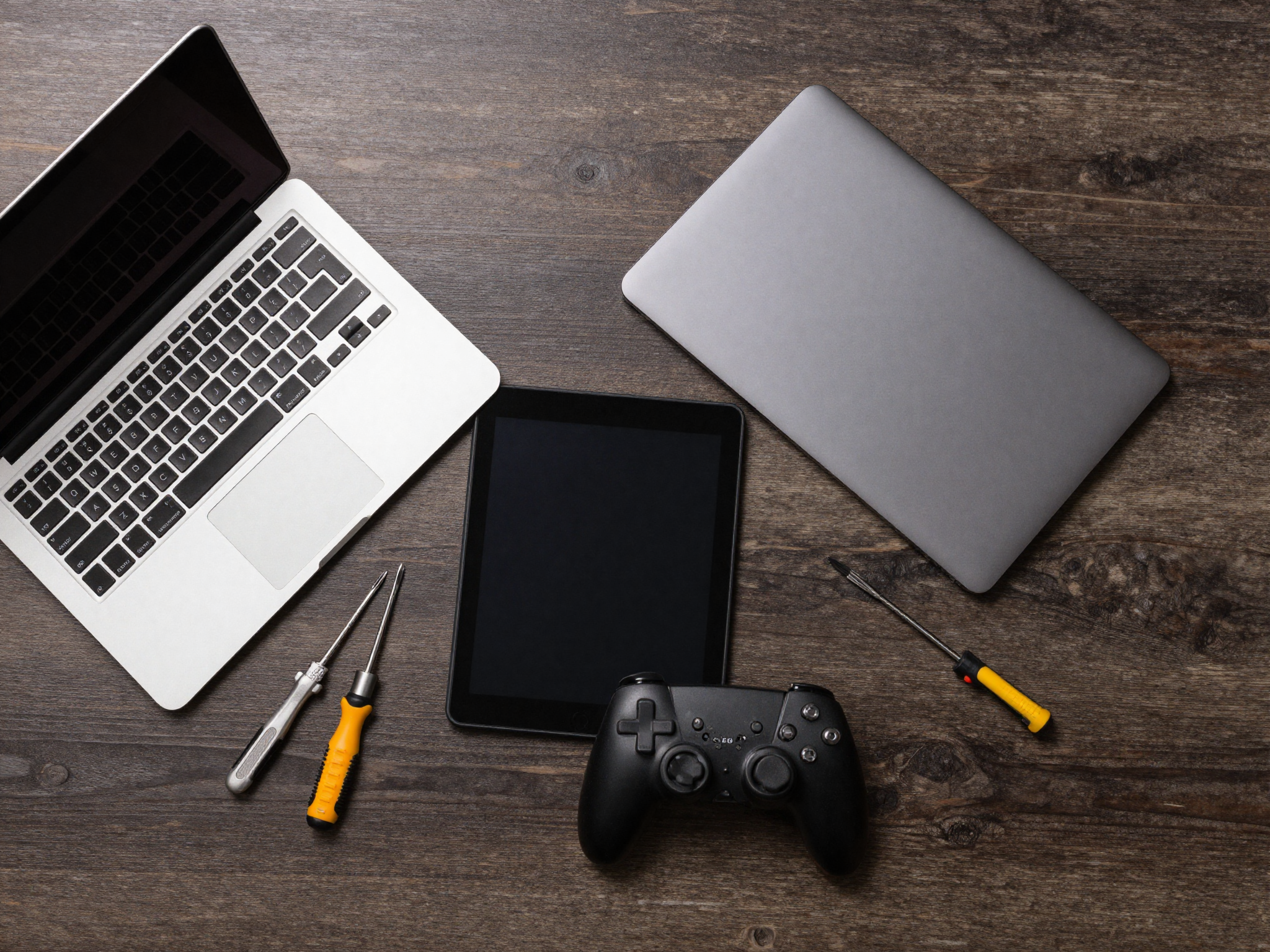 Reparación de notebook, tablet y consola de juegos sobre un mesón de trabajo