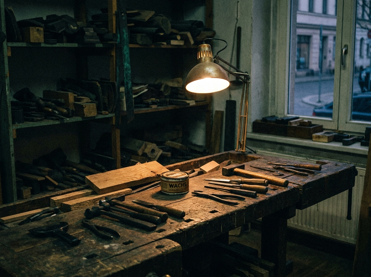 Fiktives Werkstatt-Szenenbild einer ruhigen Restaurierungsarbeit unter warmem Arbeitslicht.