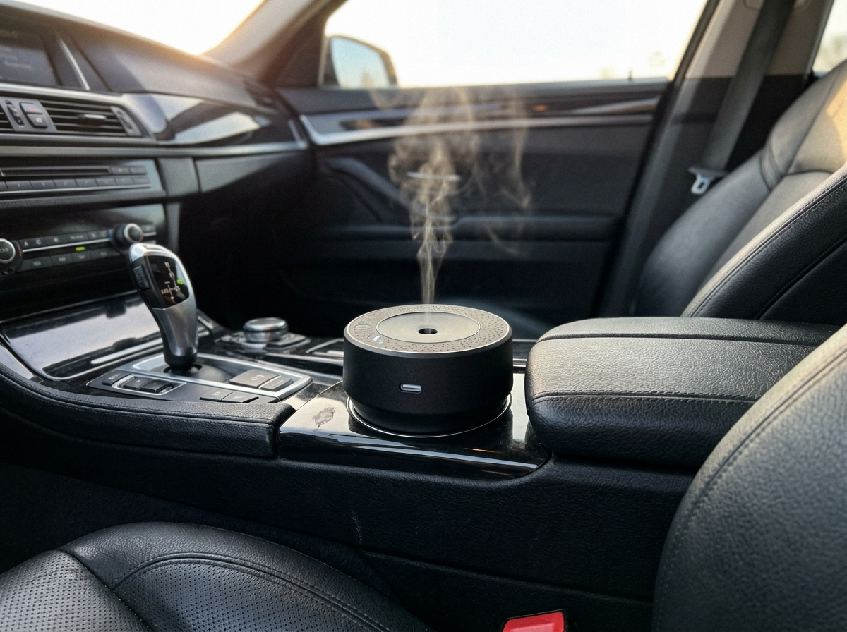 Vossa diffuser misting in a car cup holder at dusk