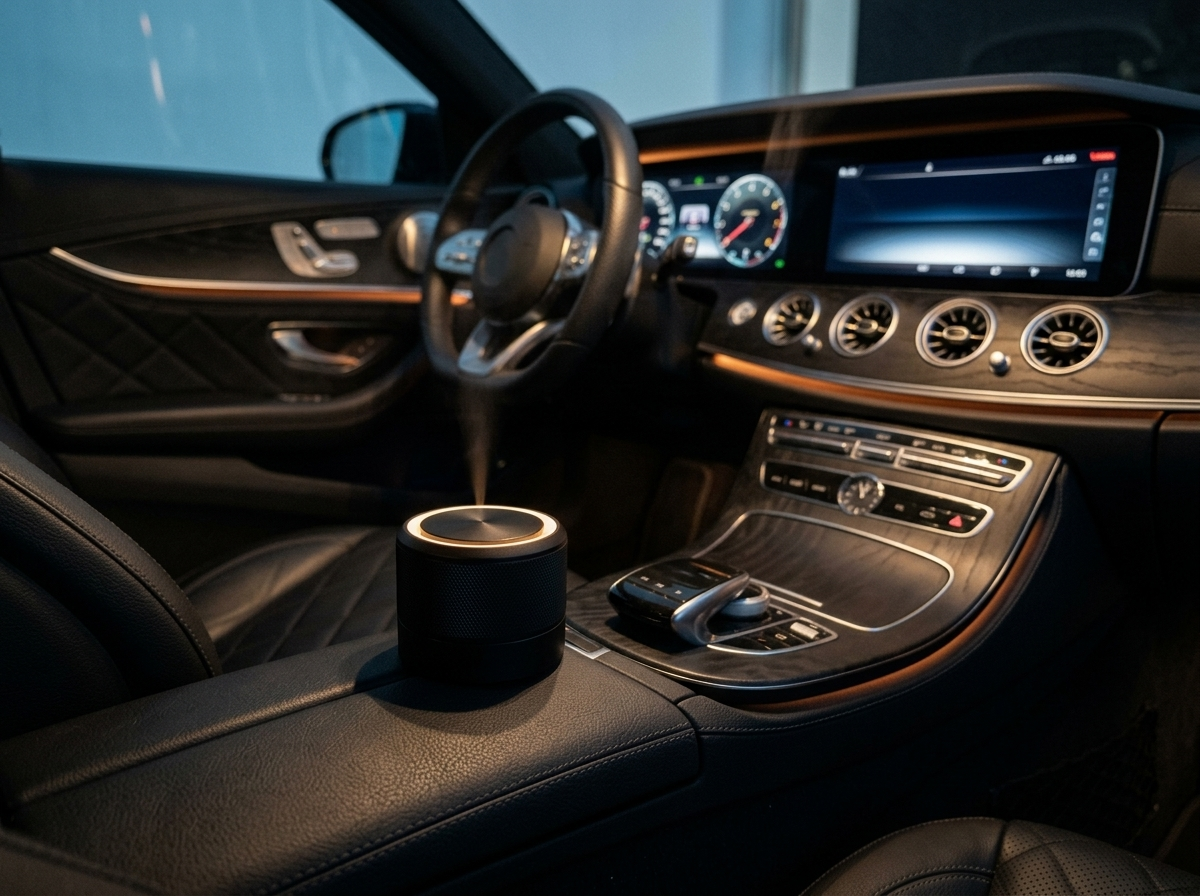 Vossa Aura Bluetooth diffuser glowing in a dark cabin