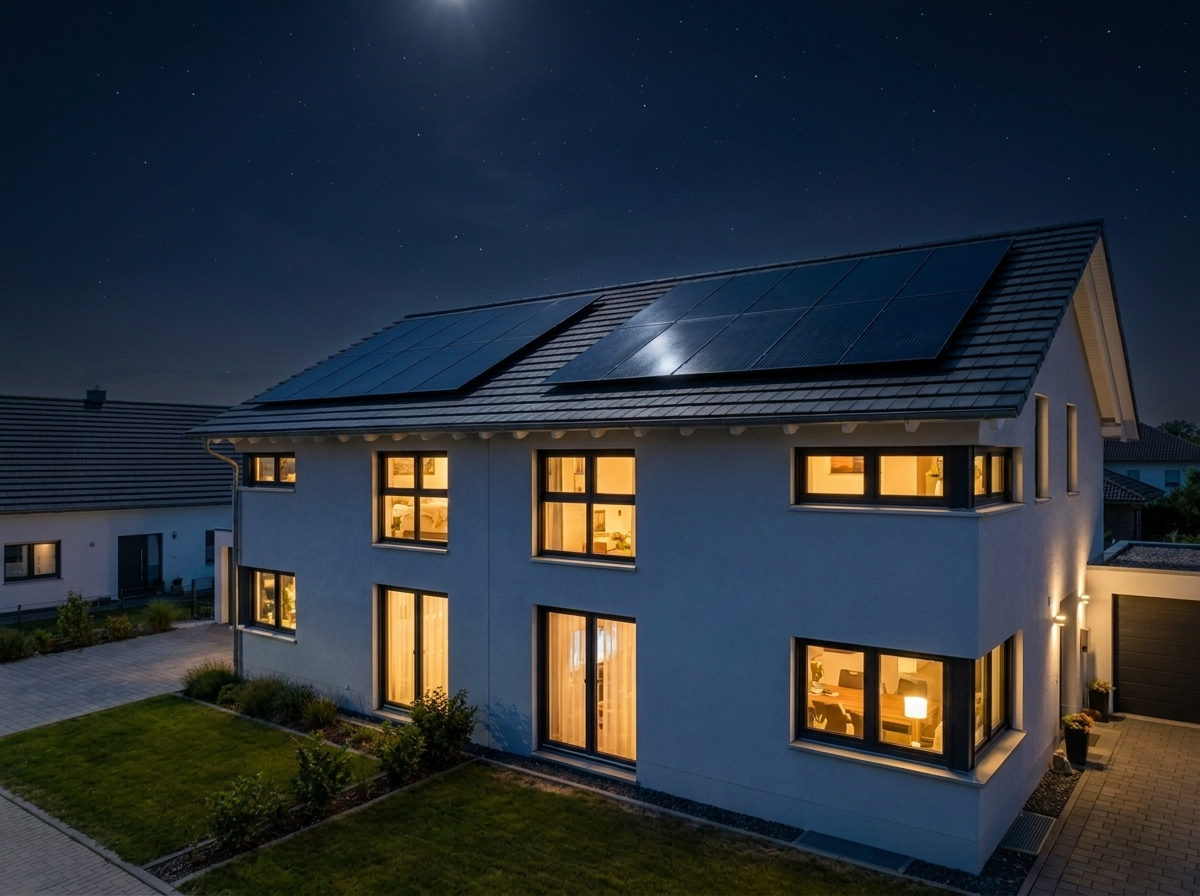Vivienda con kit solar de noche, luces encendidas