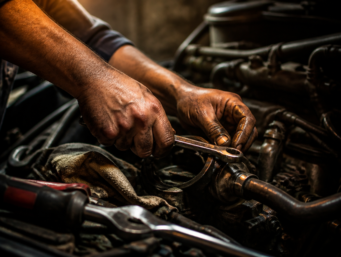 Mechanic hands working on a car engine at Arizona Family Car Care